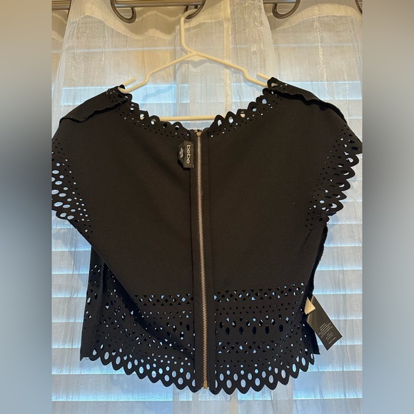 BEBE Black Crop Top with Decorative Cut Out Edge Zipper Back - Picture 3 of 6